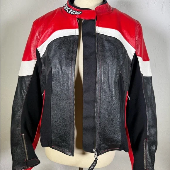 Women’Red & Black Teknic Leather Motorcycle Jacket with Removable Quilted Liner. - Picture 13 of 16